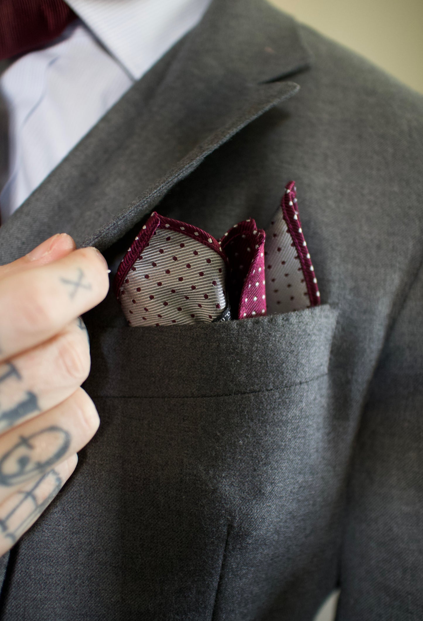 Conor- Burgundy dot silk pocket square